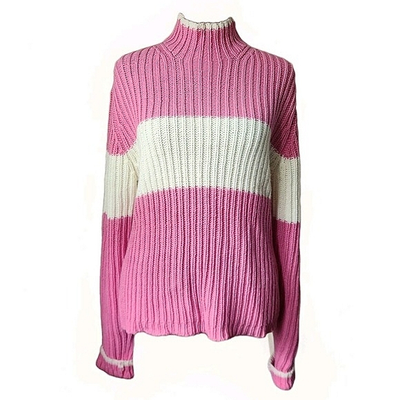 Y2K Tommy Hilfiger‎ Sweater Women's Size L Chunky Pink Ivory Stripe Knit - Picture 1 of 7